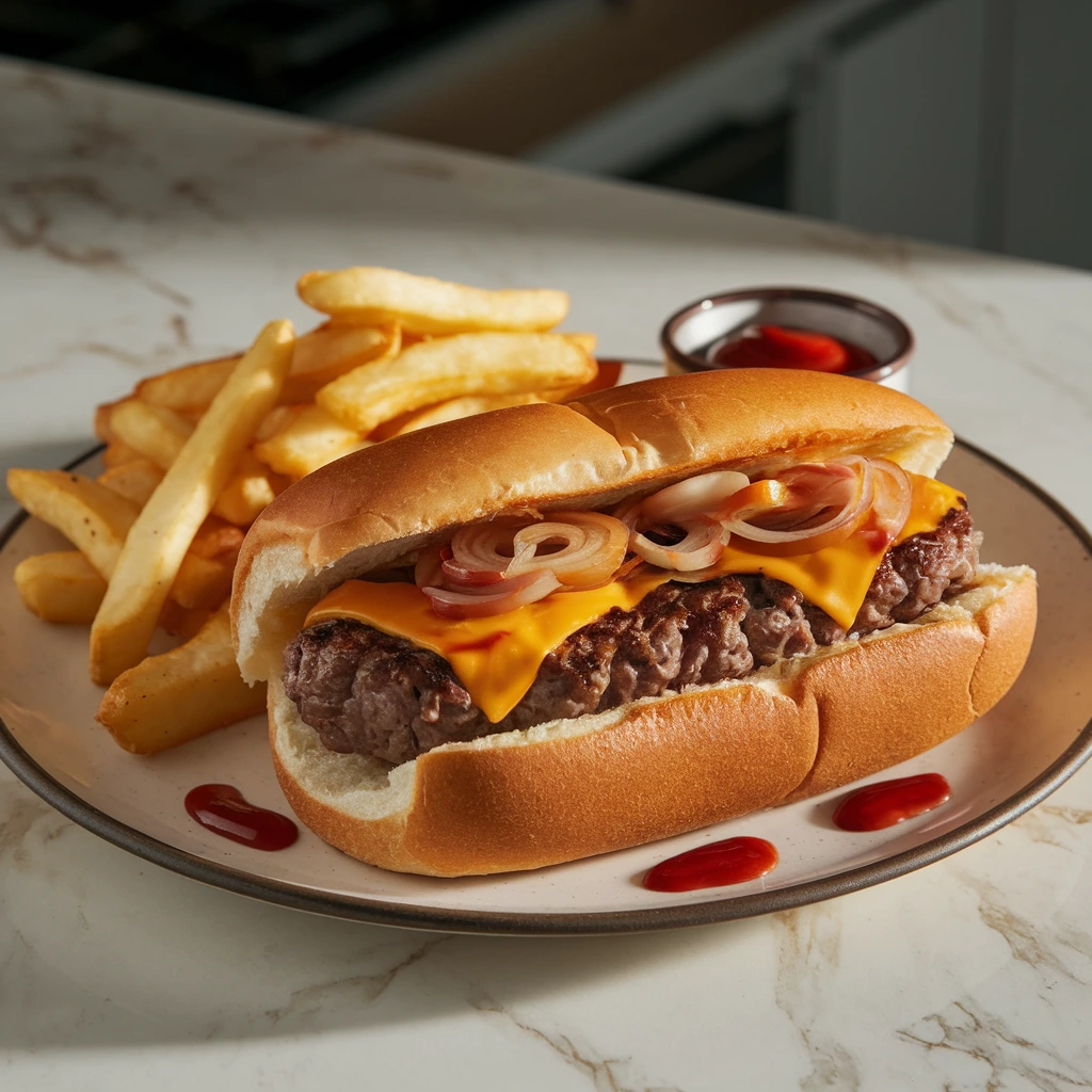 Close-up of a Burger Dog highlighting the juicy patty, melted cheese, and vibrant garnishes.