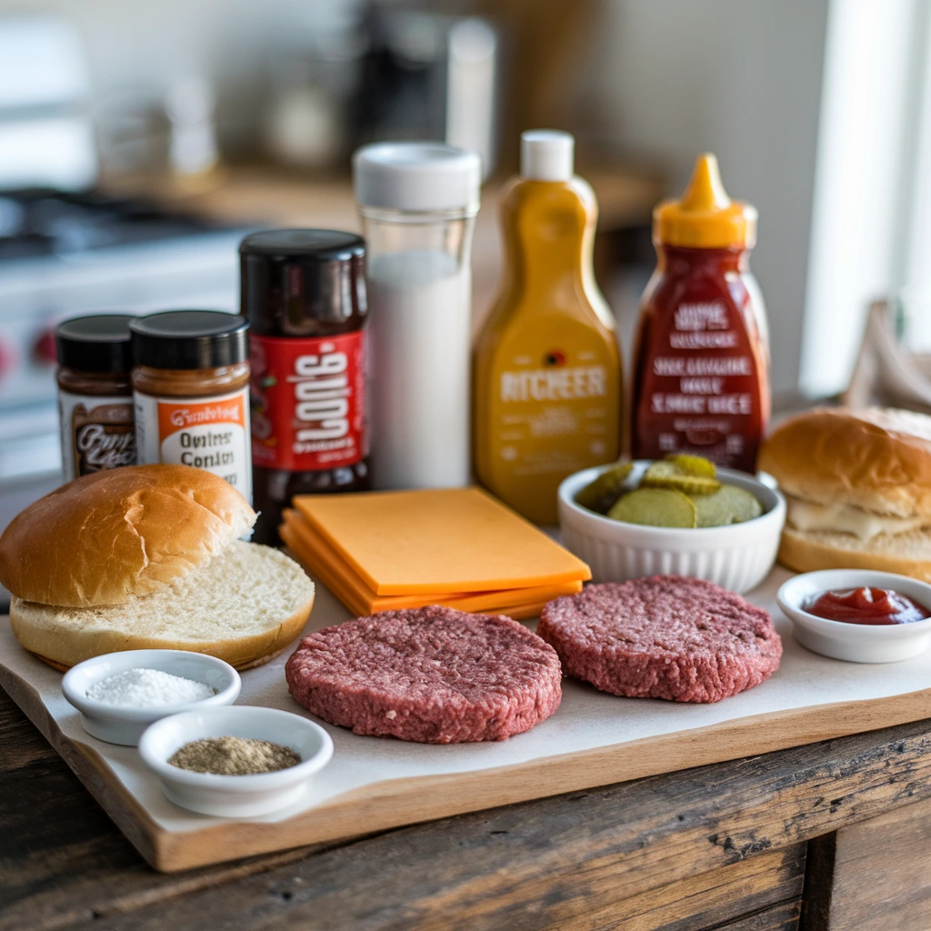 Ingredients for Burger Dog laid out, including ground beef, hot dog buns, seasonings, and optional toppings like cheese and sauces.