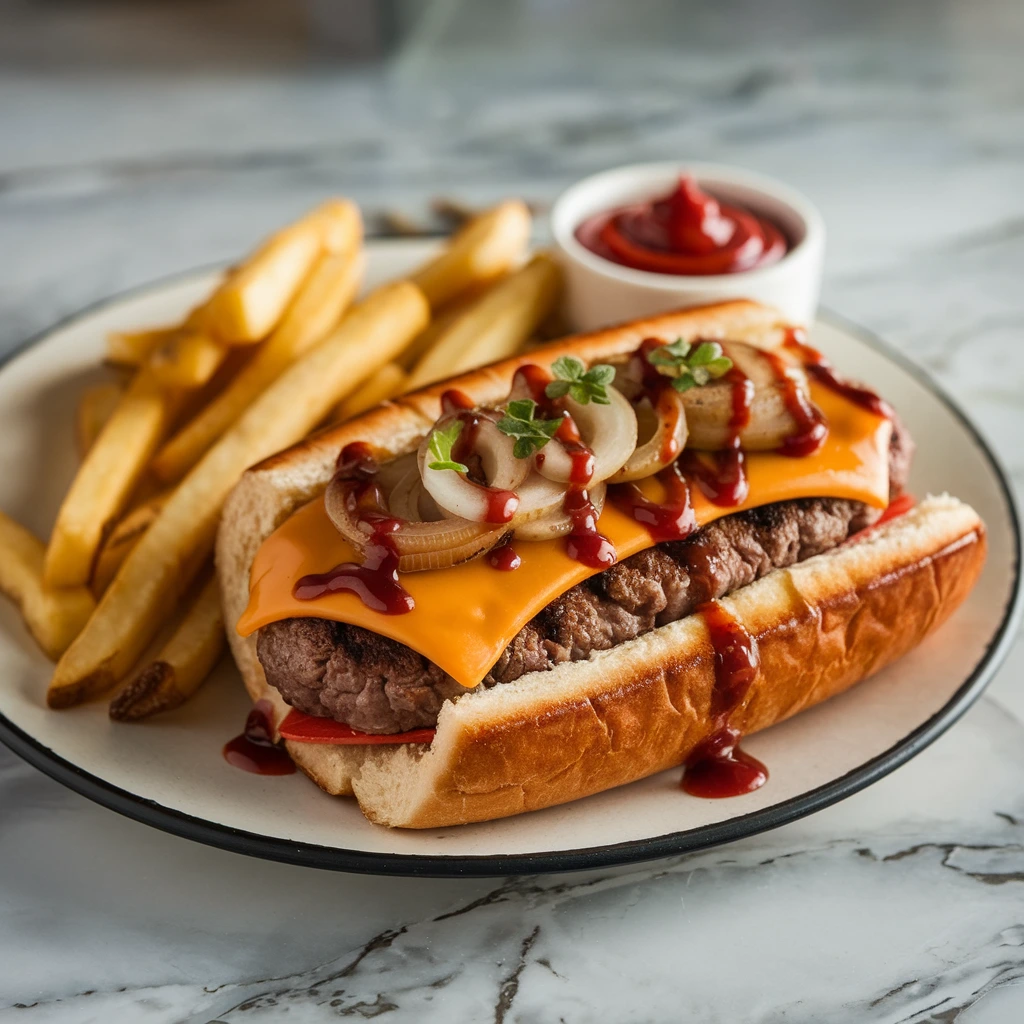 Finished Burger Dog served in a toasted bun with toppings like cheese and caramelized onions, paired with fries