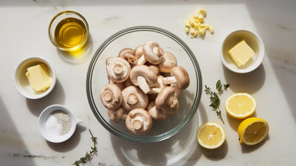 ingredients for a mushroom recipe on a pristine white marble countertop