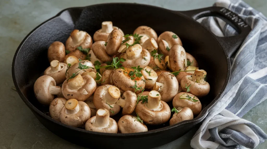 sautéed button mushrooms in a cast iron skillet