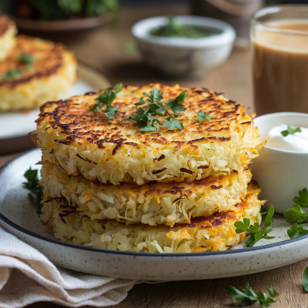 Close-up of crispy cauliflower hash browns with a dollop of sour cream and fresh parsley garnish