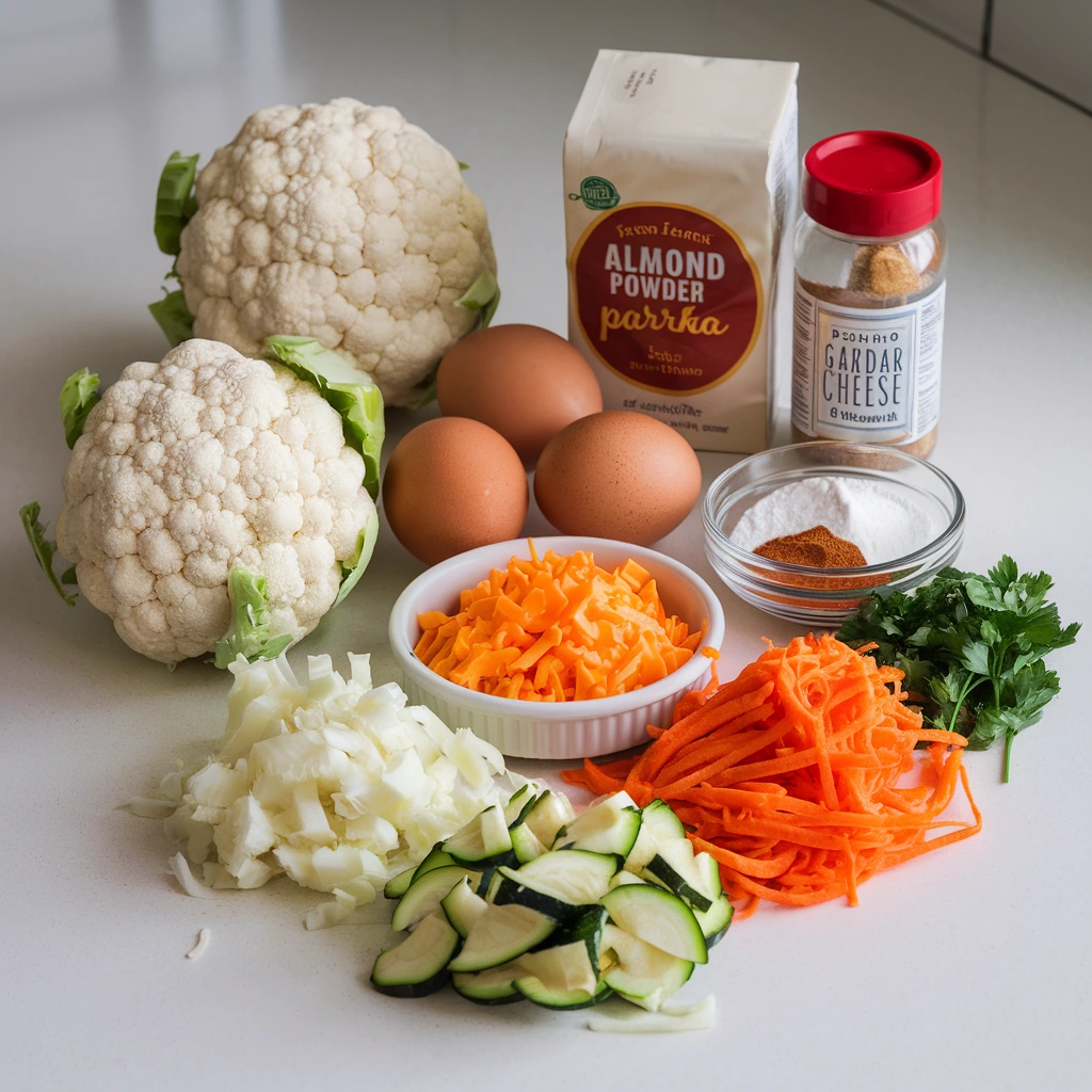 Ingredients for cauliflower hash browns, including cauliflower, eggs, cheese, almond flour, and seasonings, laid out neatly