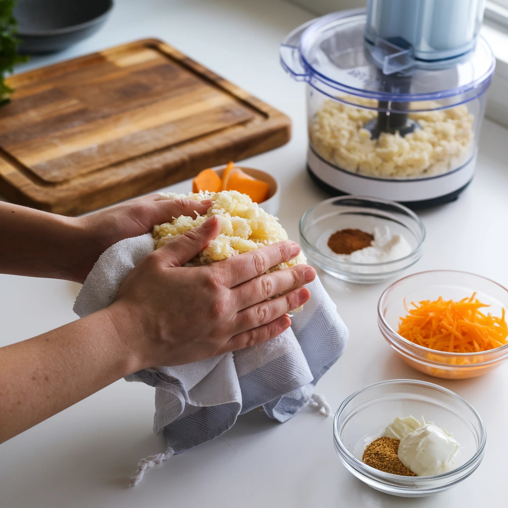 Hands squeezing water from steamed cauliflower rice in a kitchen towel during preparation