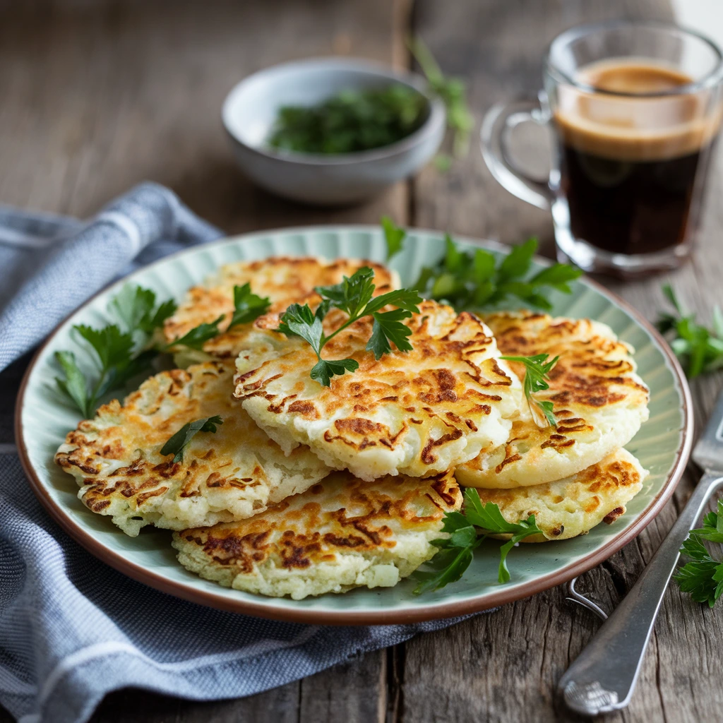 Finished cauliflower hash browns stacked on a plate, garnished with parsley and served with dipping sauce