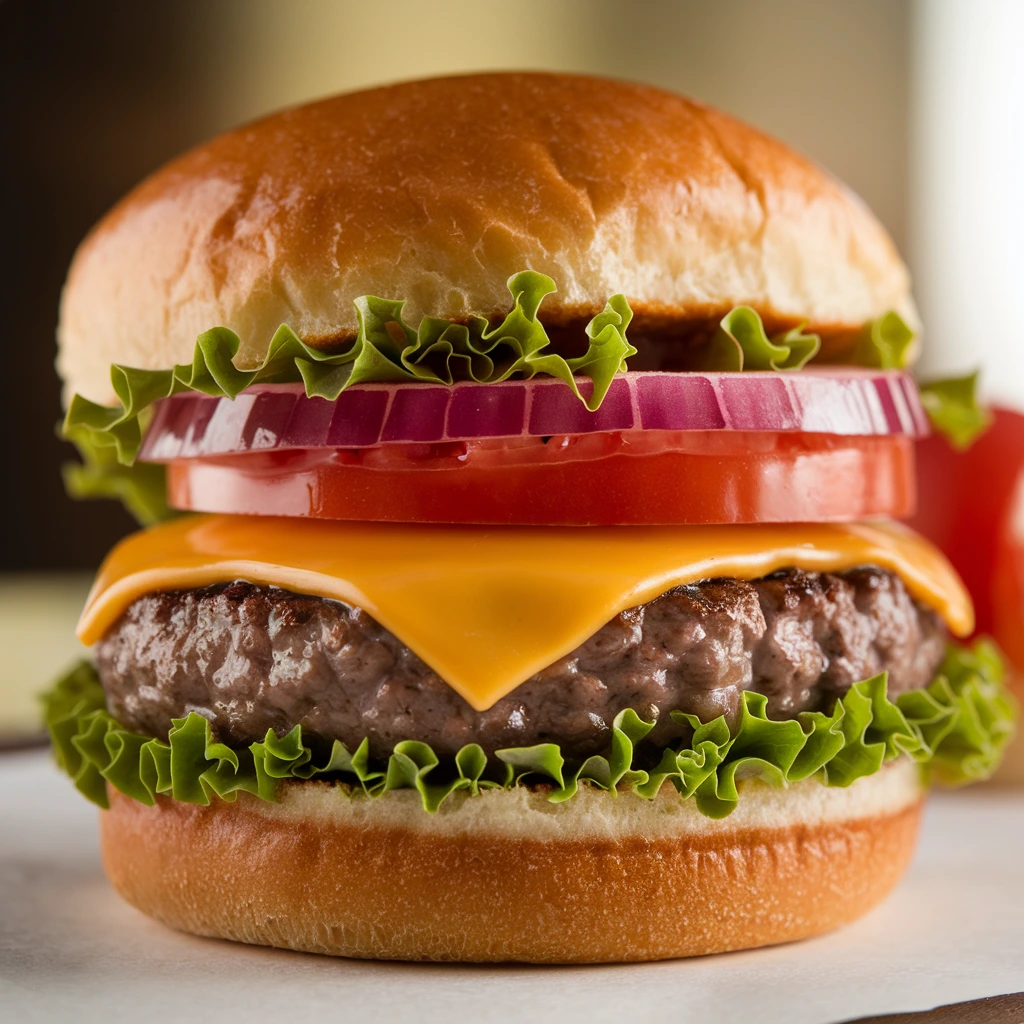 Close-up of a cheeseburger highlighting its juicy patty, melted cheese, and fresh toppings.