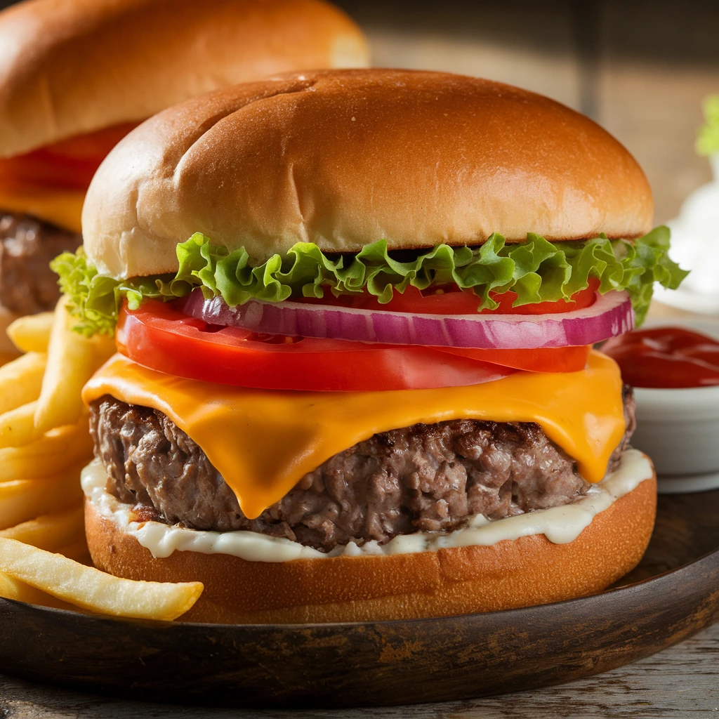 A classic cheeseburger with a juicy beef patty, melted cheddar, lettuce, tomato, and onion in a brioche bun, served with fries and ketchup.