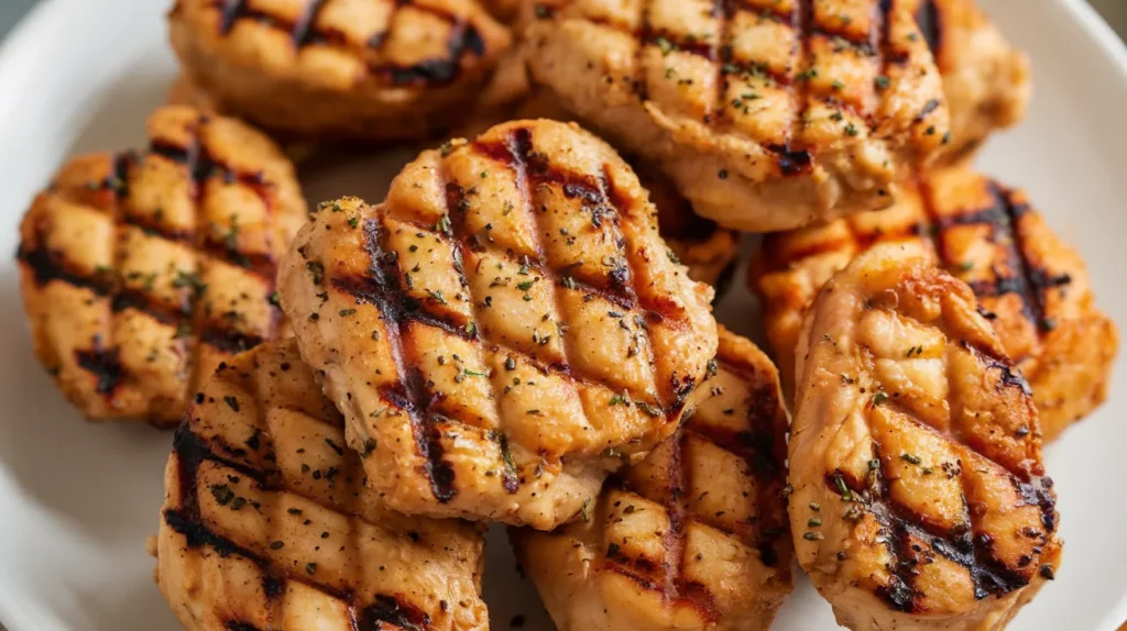 Chick-fil-A's grilled chicken nuggets, characterized by their distinct grill marks and golden-brown color