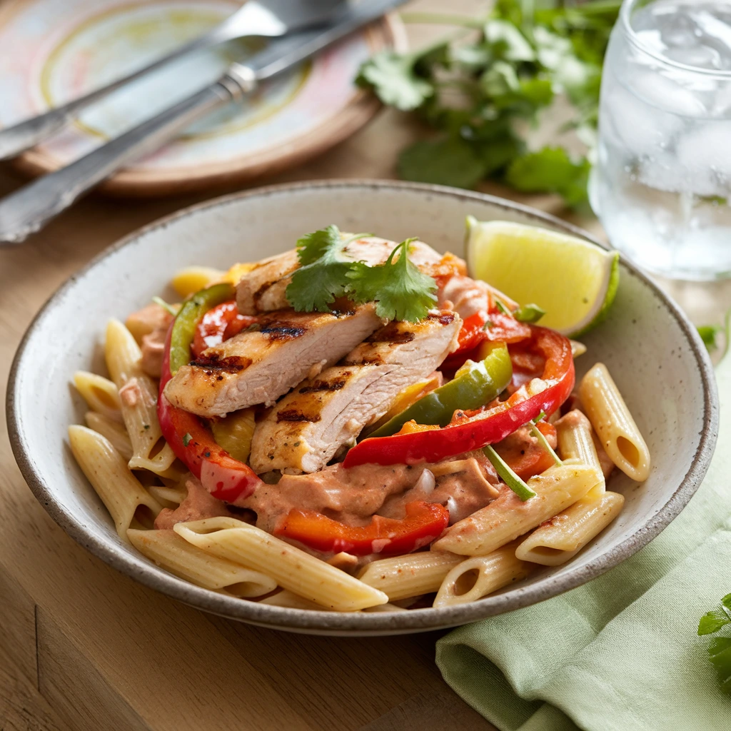 Close-up of Chicken Fajita Pasta showcasing creamy sauce, grilled chicken, and colorful vegetables