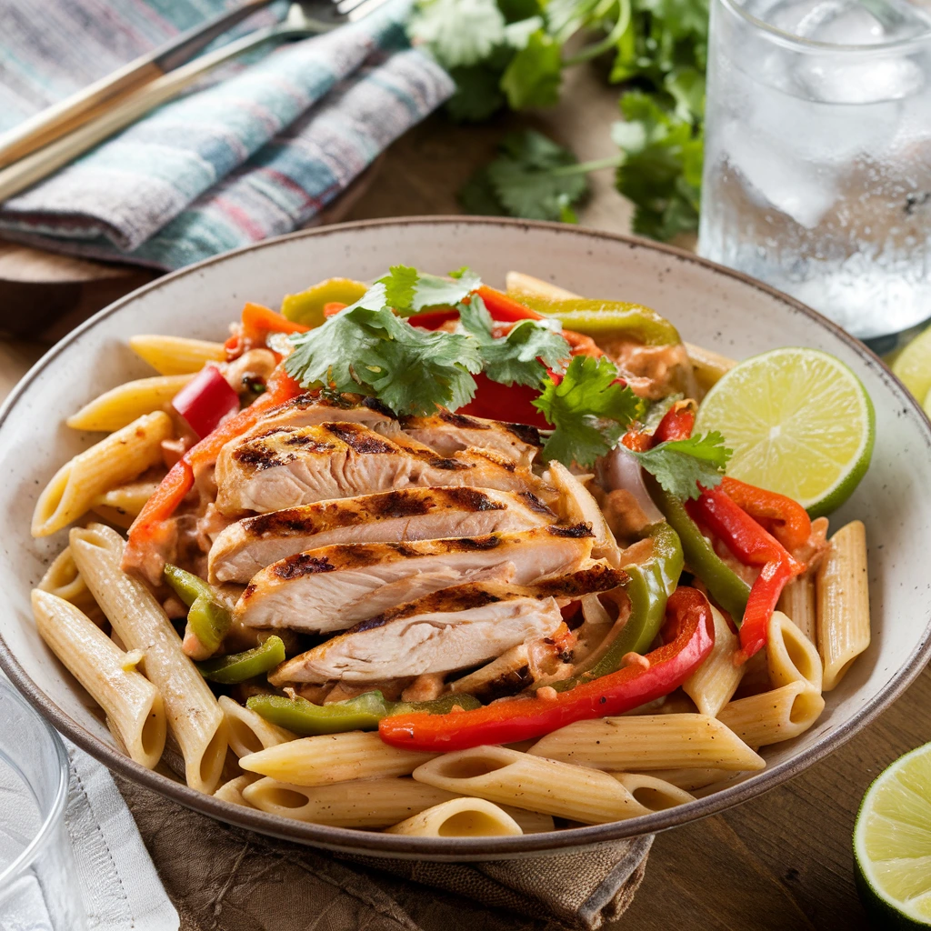 Chicken Fajita Pasta served in a rustic bowl, topped with grilled chicken, peppers, onions, and garnished with cilantro and lime