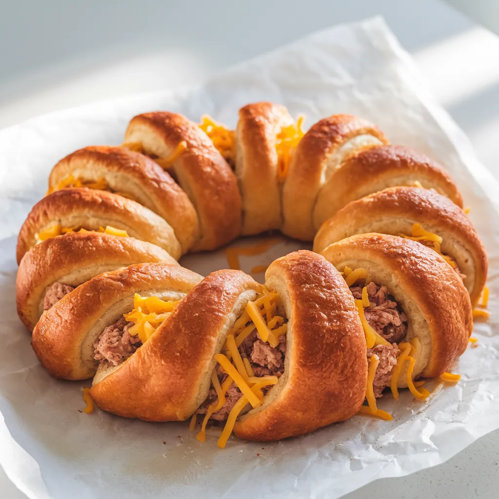 a golden-brown crescent roll wreath filled with Ground Chicken and shredded cheese. The wreath should have evenly twisted dough sections with visible fillings, Ground Chicken and melted cheese