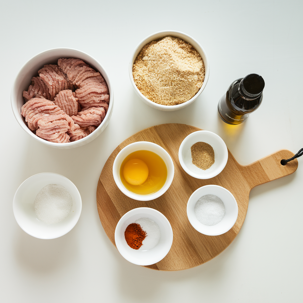 Ingredients for chicken rings, including ground chicken, breadcrumbs, eggs, and seasonings, displayed on a wooden board.