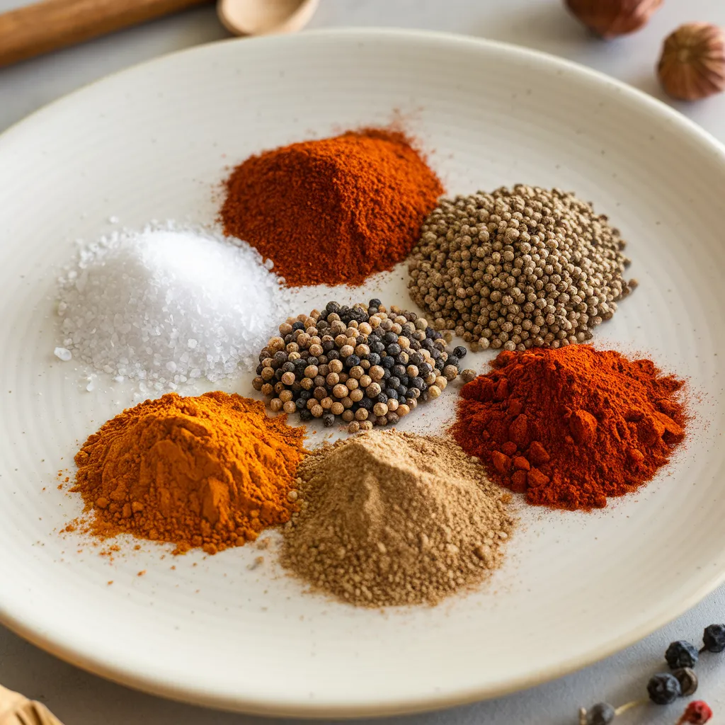 showcasing a selection of spices arranged neatly on a white plate