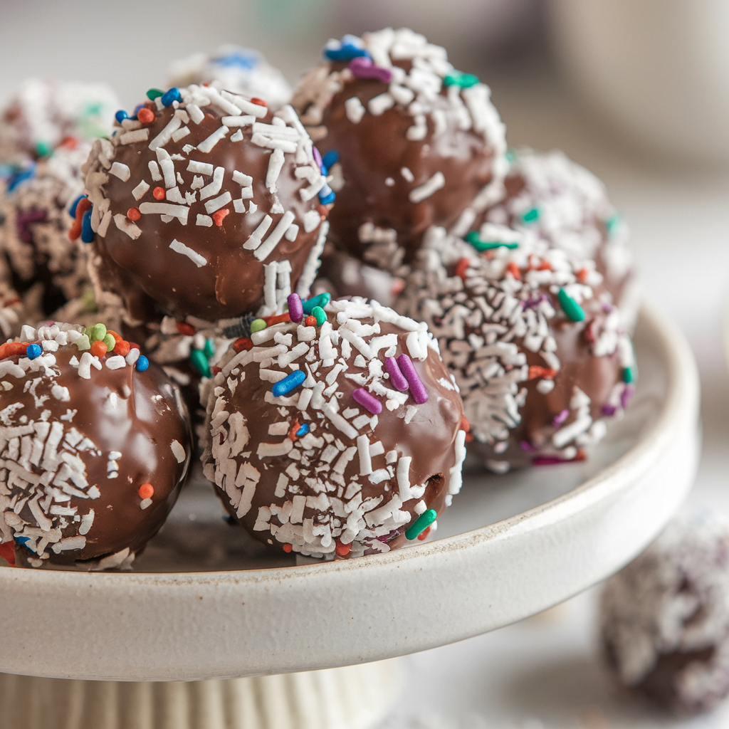 Close-up of chocolate balls on a white plate, highlighting their glossy finish and assorted toppings