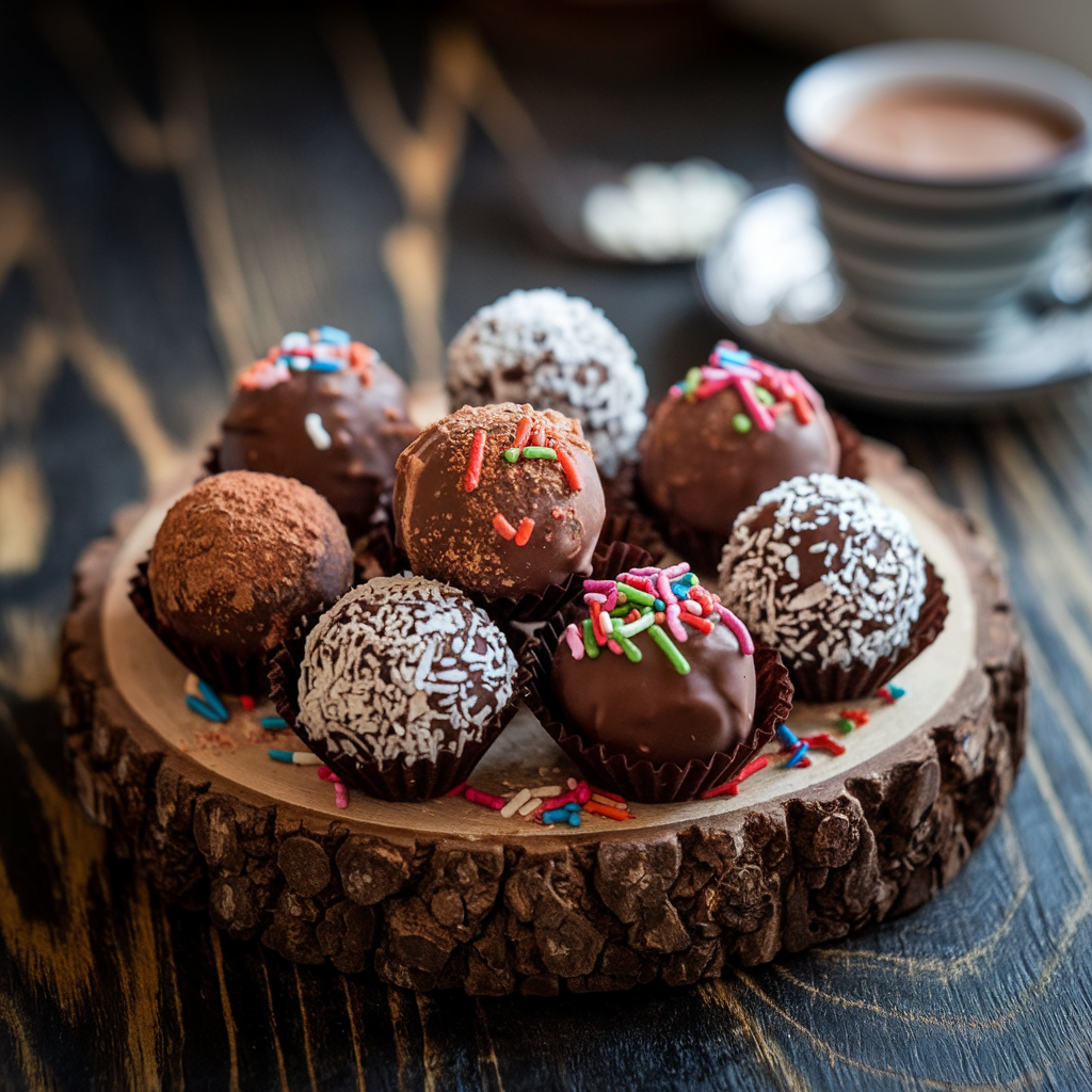 A rustic presentation of chocolate balls with assorted coatings on a wooden platter, surrounded by warm, cozy elements