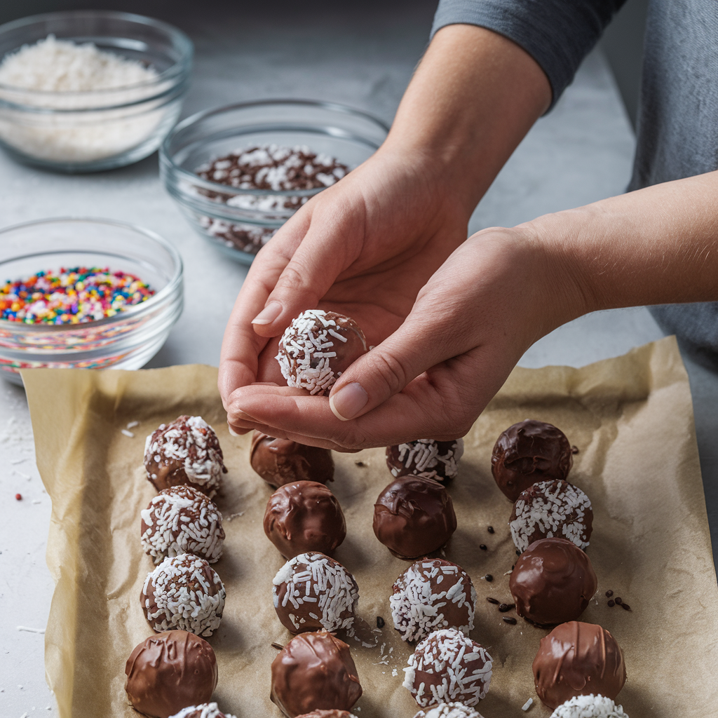 Hands shaping chocolate mixture into balls, with a tray of finished chocolate balls in the foreground