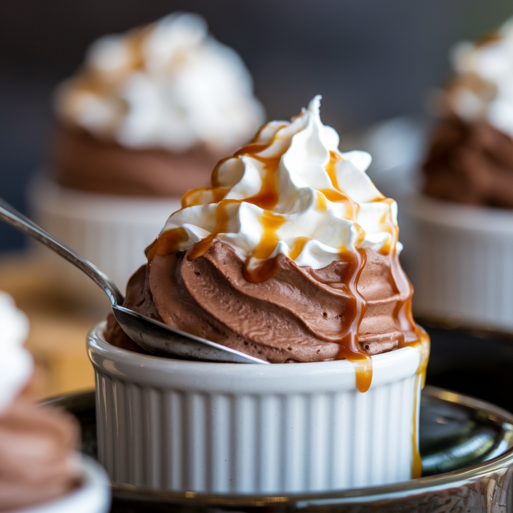 A close-up of Chocolate Budino with a glossy, creamy texture, topped with melting whipped cream and caramel.