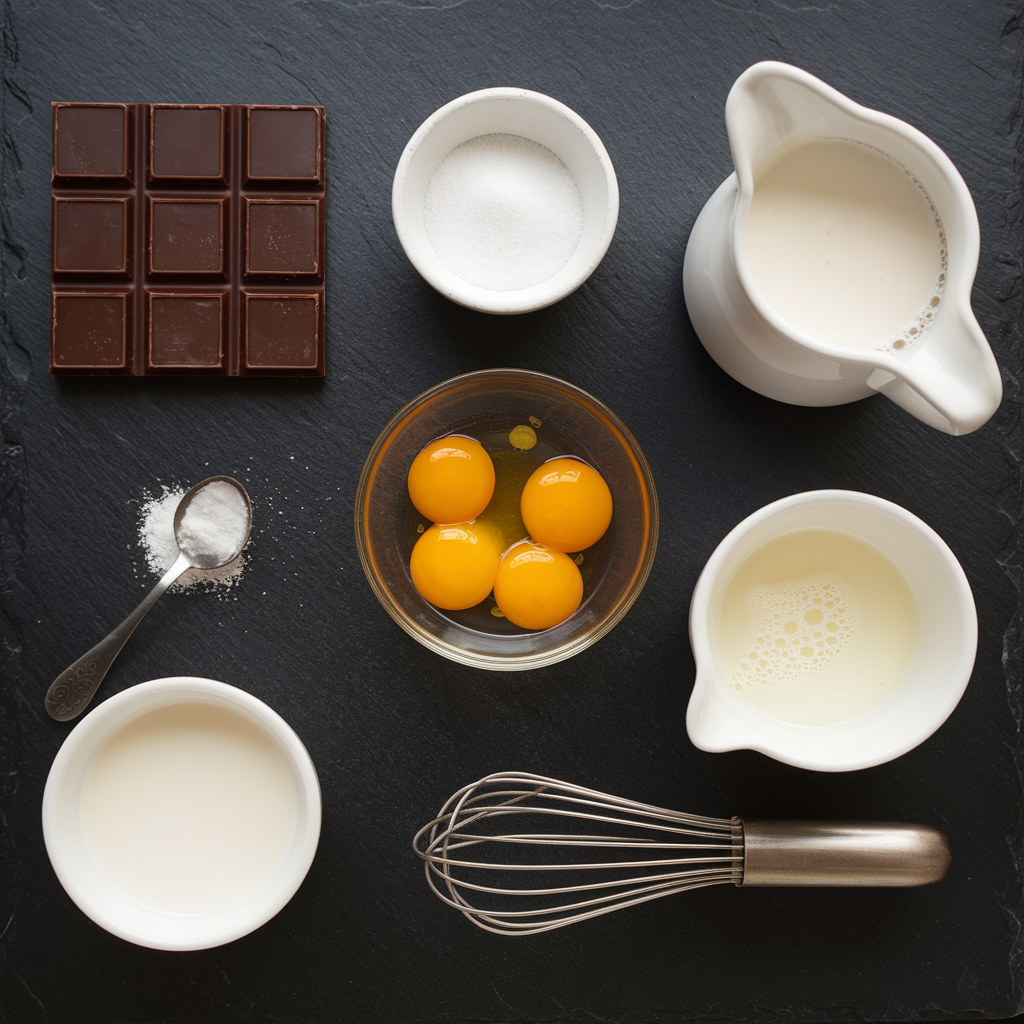 "Ingredients for Chocolate Budino, including dark chocolate, sugar, egg yolks, cream, milk, and sea salt, arranged neatly on a slate surface