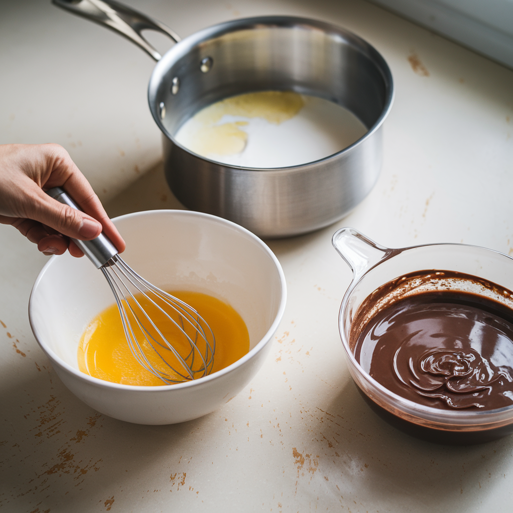 A process shot of Chocolate Budino preparation, with egg yolks and sugar being whisked, and melted chocolate and warm cream nearby