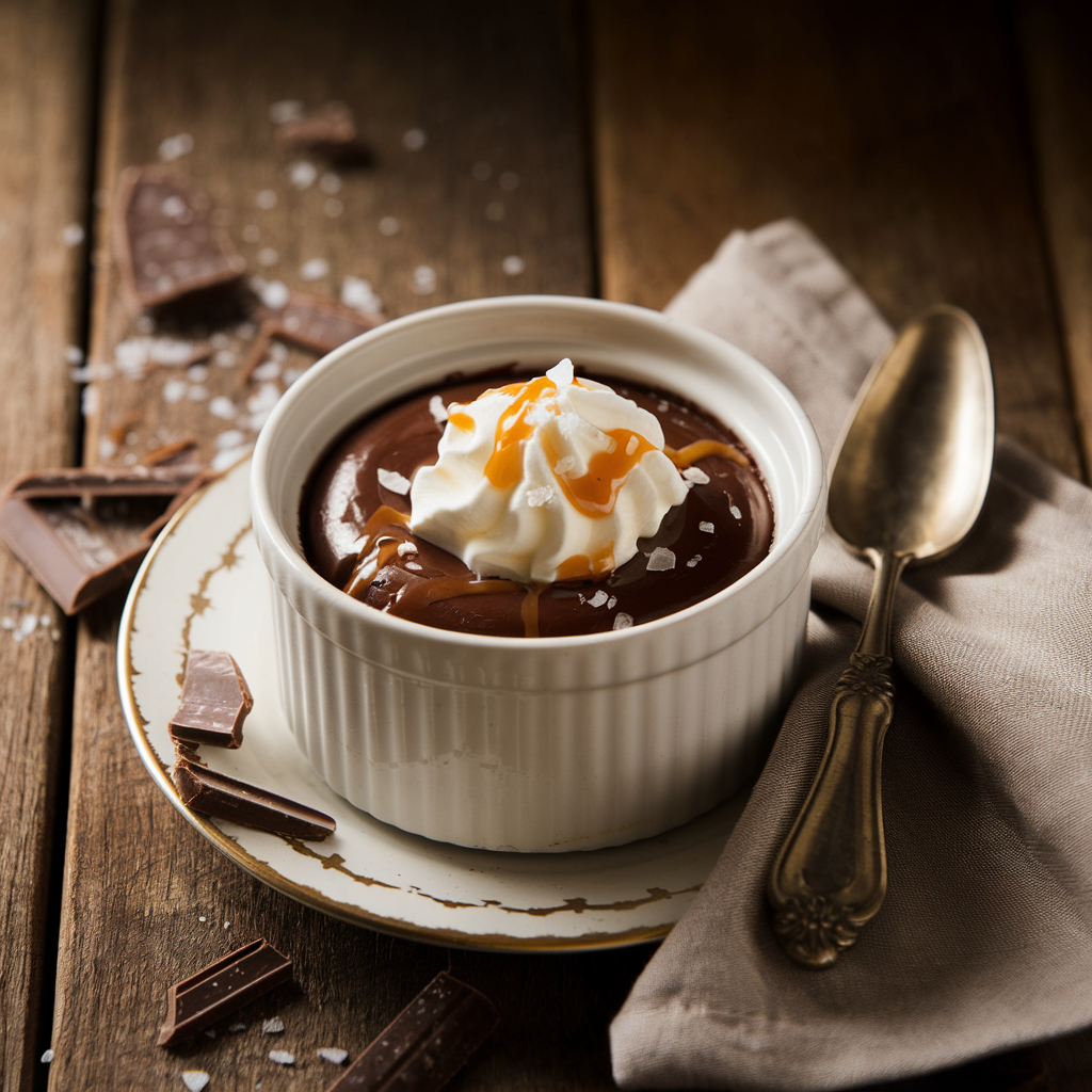 A serving of Chocolate Budino in a white ramekin, topped with whipped cream, sea salt, and caramel, set on a rustic wooden table