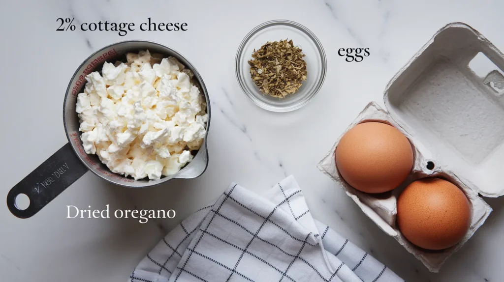 ingredients for making cottage cheese flatbread laid out on a white marble surface