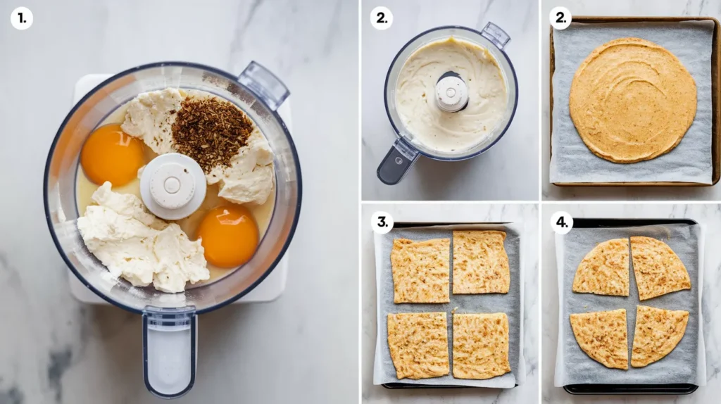 step-by-step illustration depicting the preparation of cottage cheese flatbread