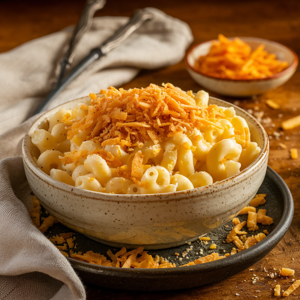 Finished cottage cheese mac and cheese served in a white ceramic bowl with golden breadcrumbs and fresh parsley garnish