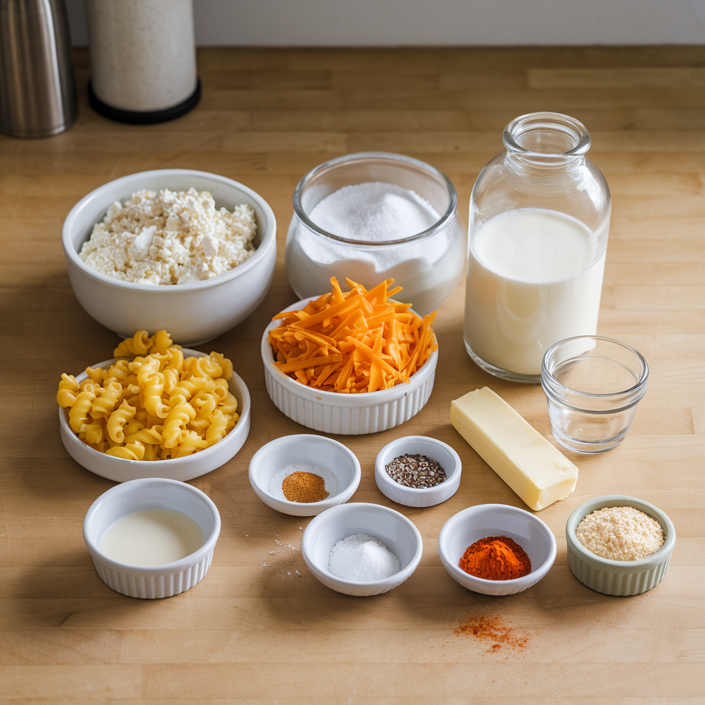 All ingredients for cottage cheese mac and cheese neatly arranged on a wooden countertop in small bowls