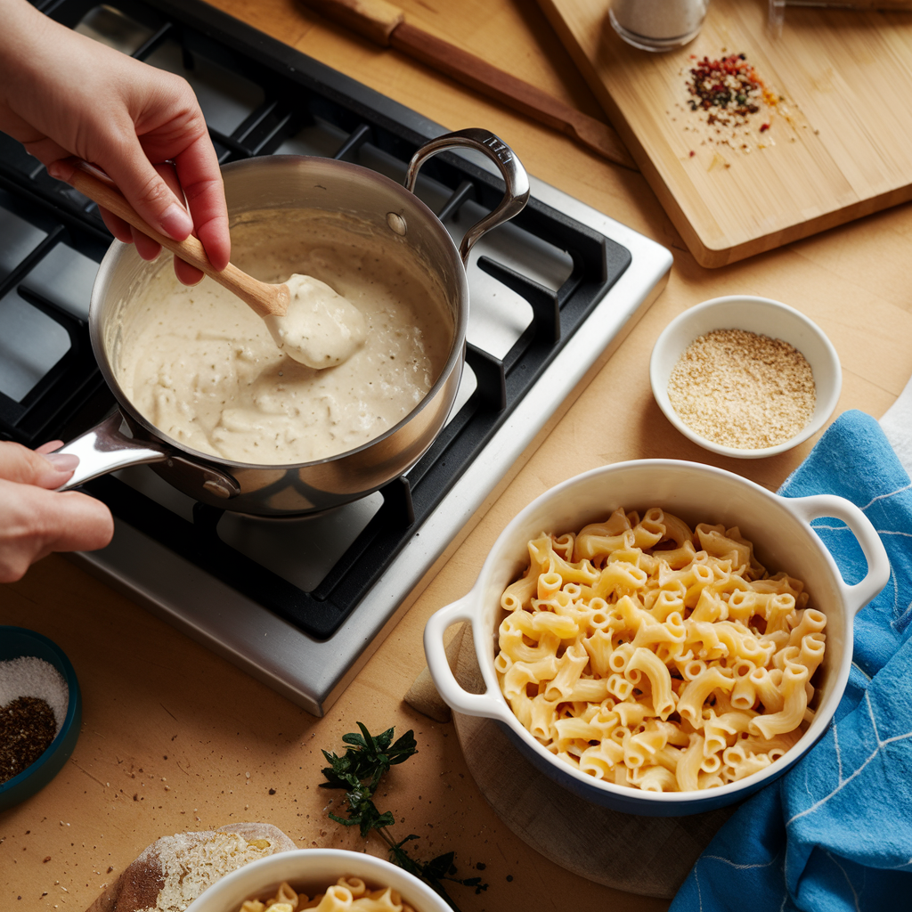 Hands stirring cheese sauce in a saucepan during the preparation of cottage cheese mac and cheese