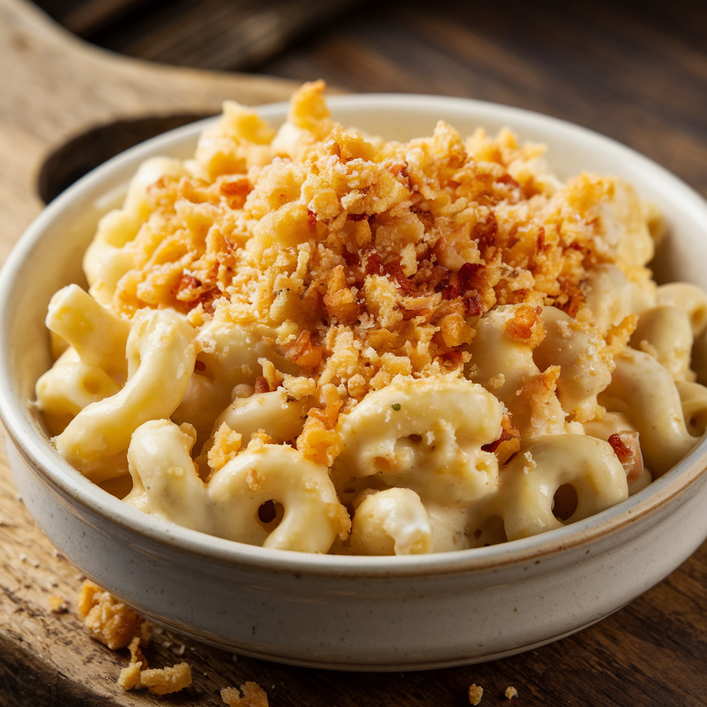 Close-up of cottage cheese mac and cheese with golden breadcrumbs and fresh parsley garnish.