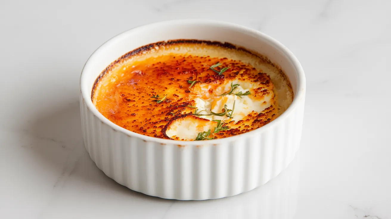 a single-serving crab brûlée in a white, ribbed ramekin