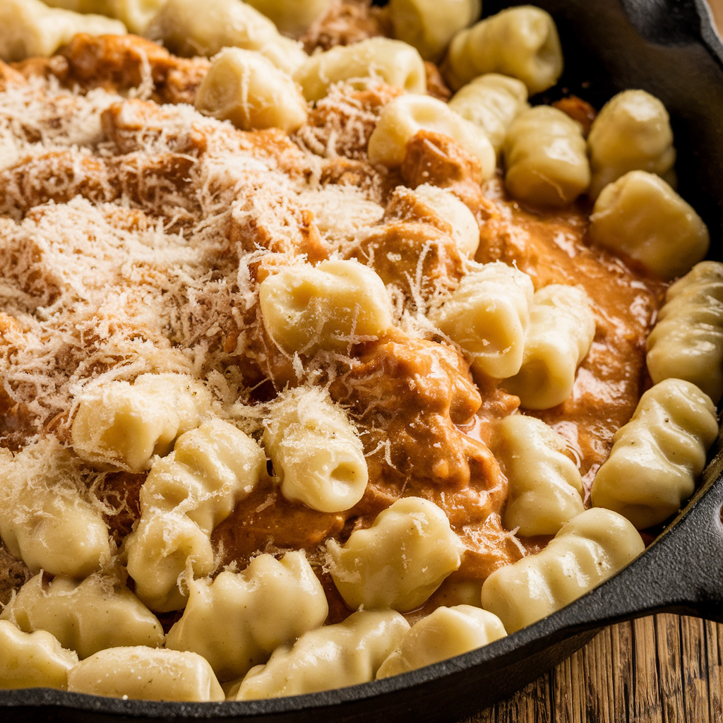 A close-up shot of millet filled with creamy gnocchi garnished with fresh basil and parmesan, steaming hot