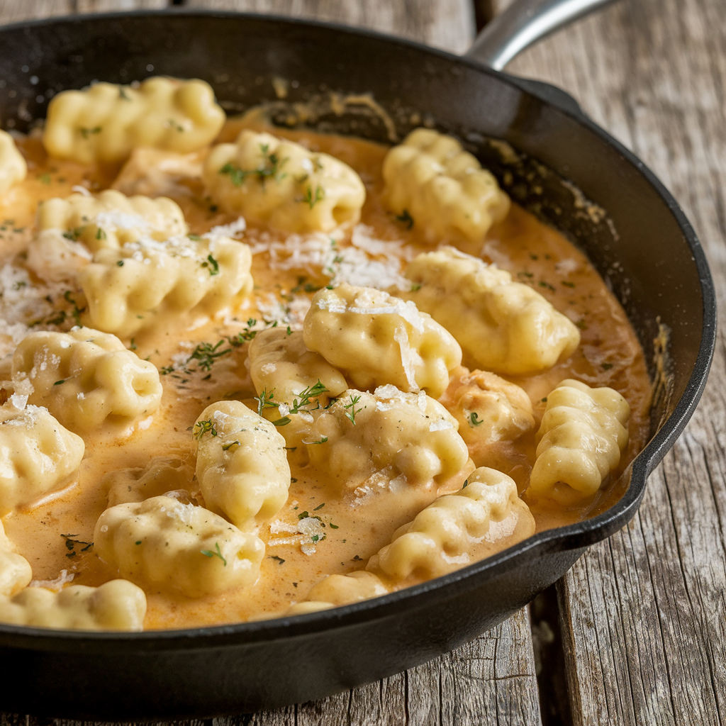 A close-up shot of a skillet filled with creamy gnocchi garnished with fresh basil and parmesan, steaming hot