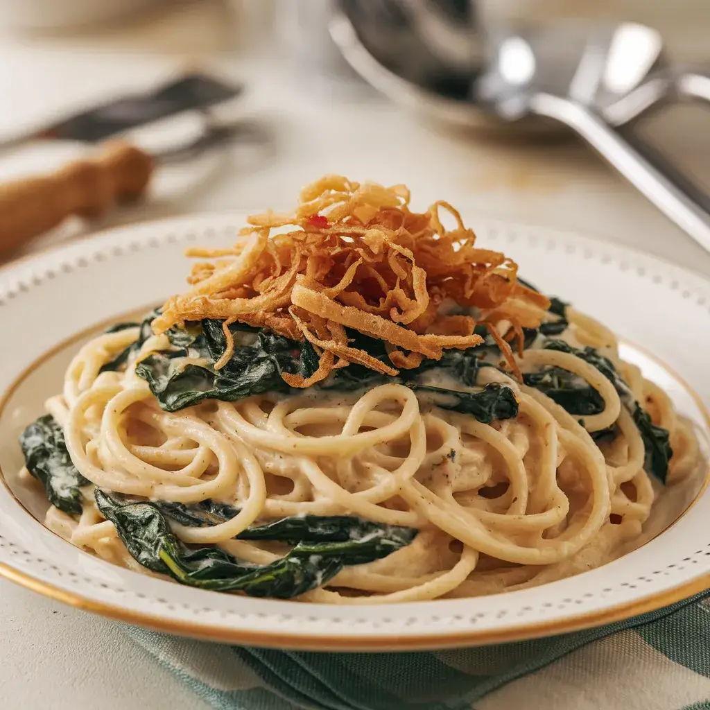 What veggie is good with pasta? 2 creamy spaghetti with spinach and crispy onion topping