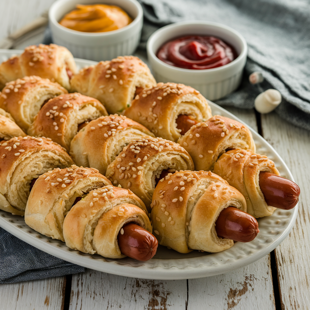 Close-up of Crescent Roll Hot Dogs with golden crust, sesame seeds, and dipping sauces