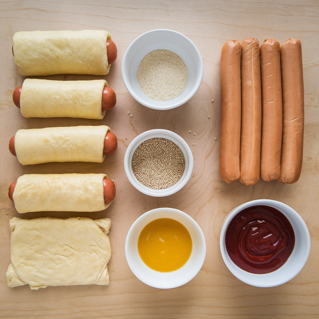 Ingredients for Crescent Roll Hot Dogs, including dough, hot dogs, sesame seeds, and butter, displayed on a wooden surface