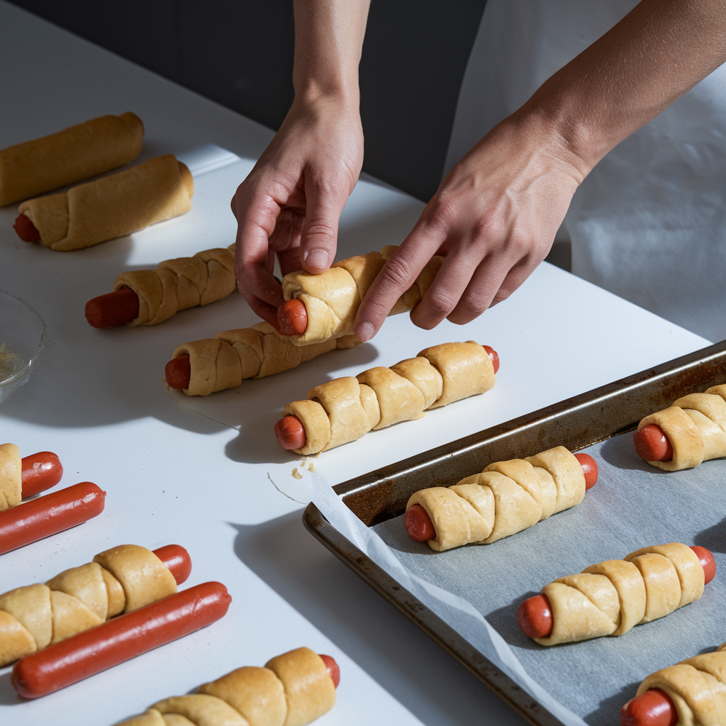 Hands wrapping hot dogs in crescent roll dough during the preparation process