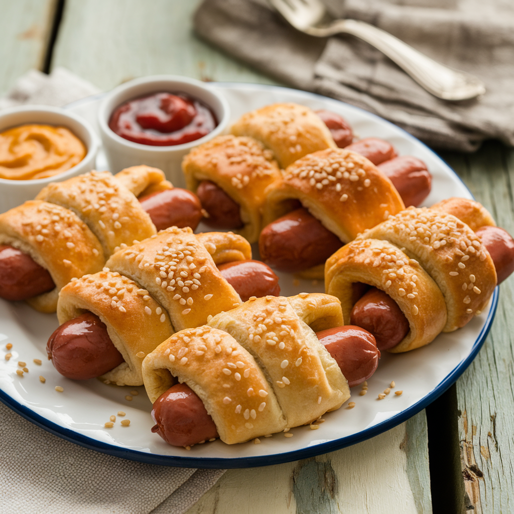 Crescent Roll Hot Dogs served on a white plate with mustard and ketchup on the side.