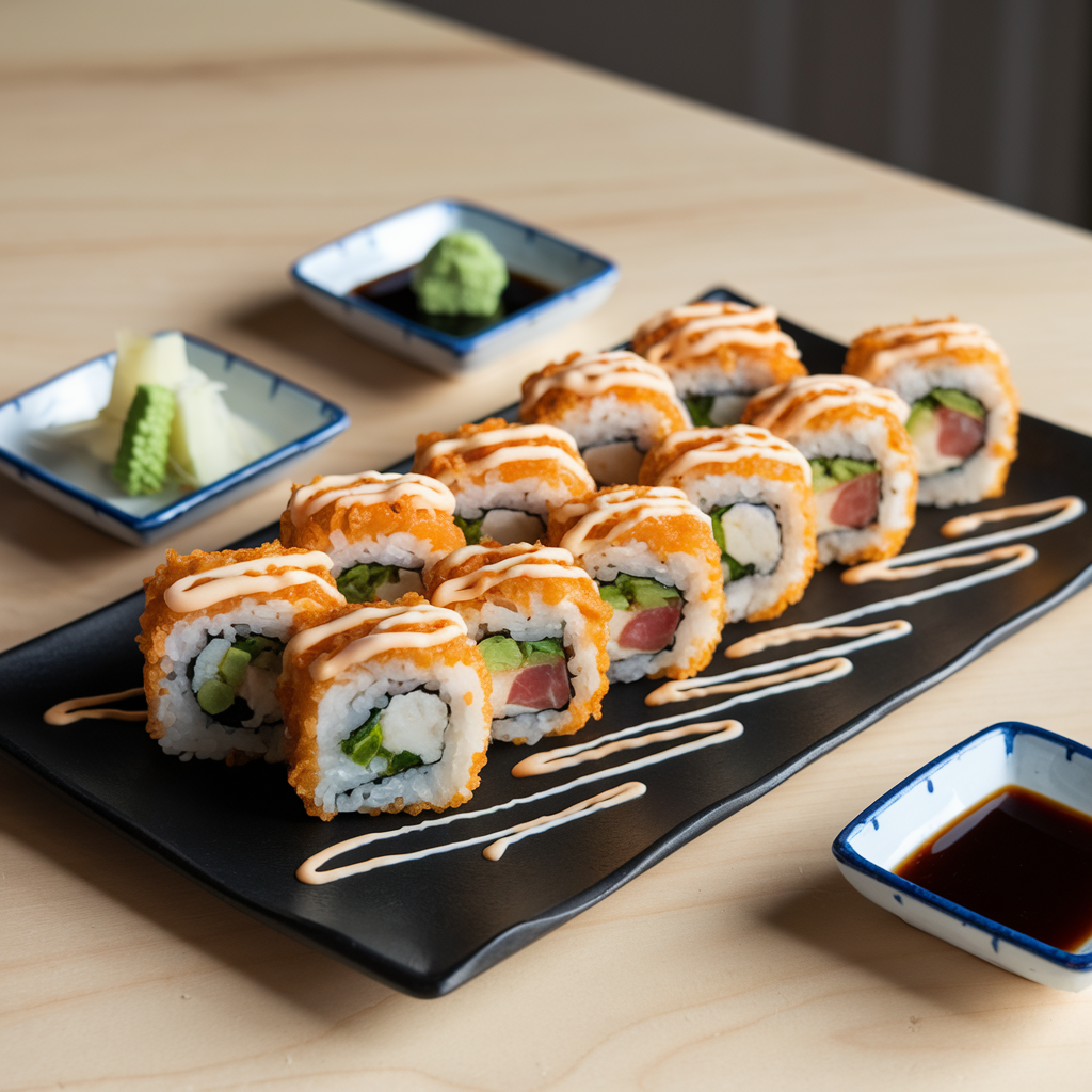 Crunchy Roll Sushi, showing layers of crab, avocado, cucumber, and crispy tempura flakes with sauce drizzles