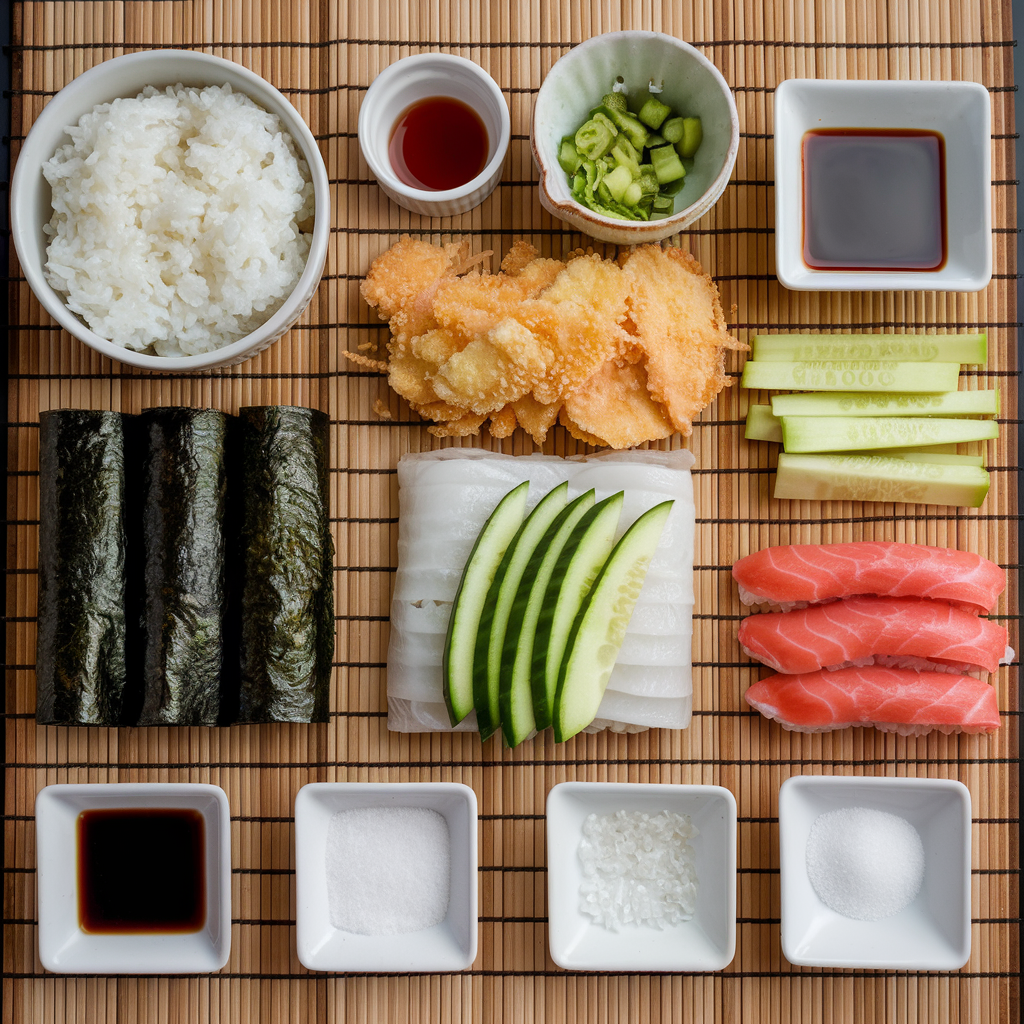 Ingredients for Crunchy Roll Sushi, including sushi rice, nori sheets, tempura flakes, and fresh fillings, arranged on a bamboo mat