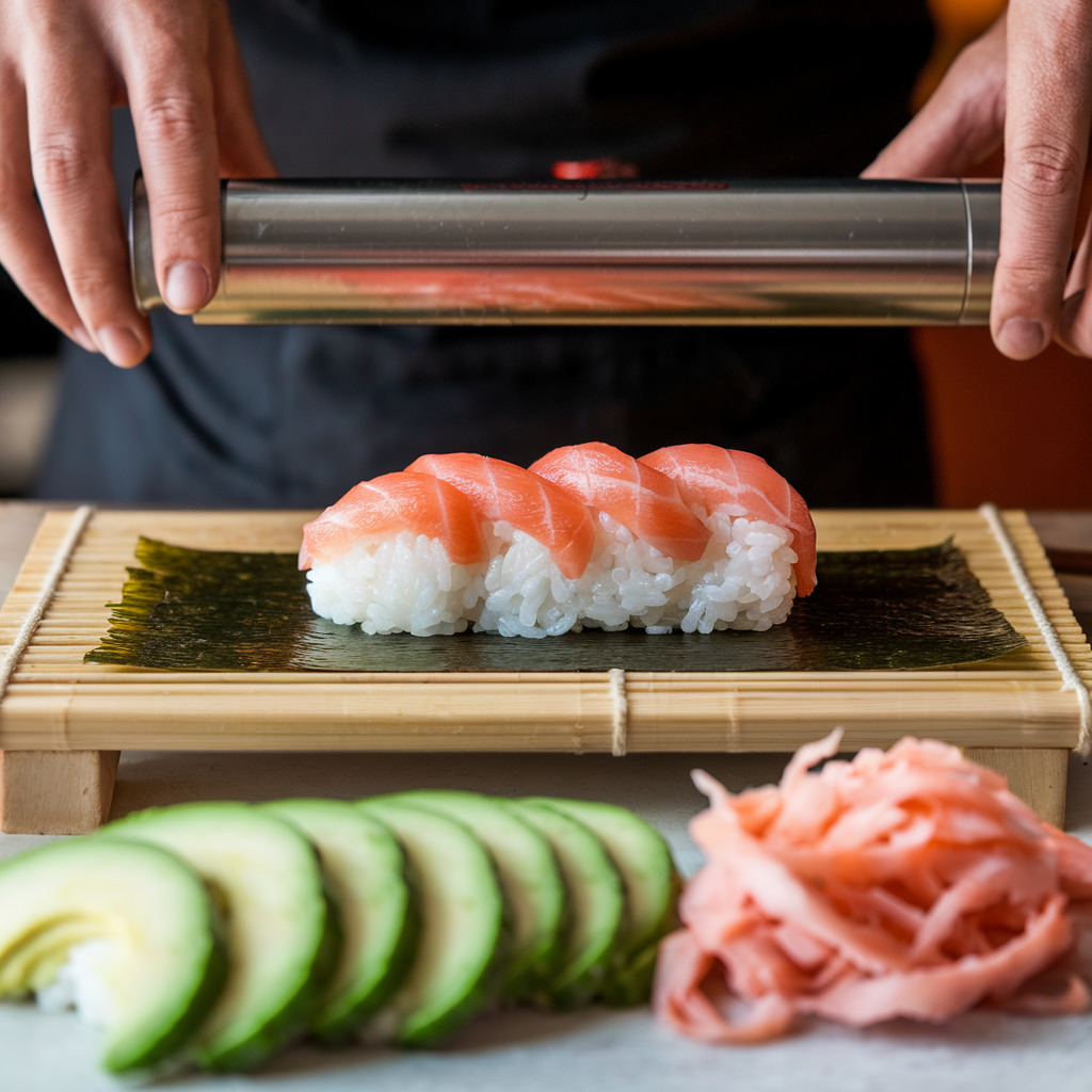 Hands spreading sushi rice on a nori sheet with sushi fillings ready in the foreground