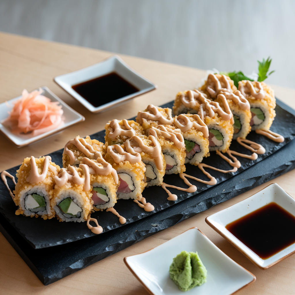 Crunchy Roll Sushi garnished with tempura flakes and sauces, served with wasabi, ginger, and soy sauce on a sleek black plate