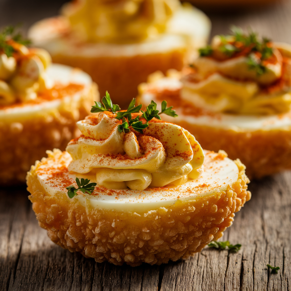 Deep fried deviled eggs on a white platter, garnished with paprika and parsley, with a dipping sauce on the side