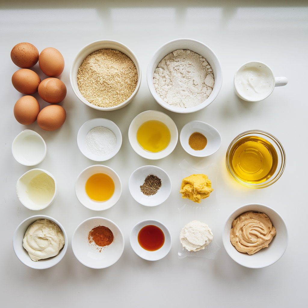 Ingredients for deep fried deviled eggs, including eggs, breadcrumbs, flour, oil, and filling components, arranged on a white countertop