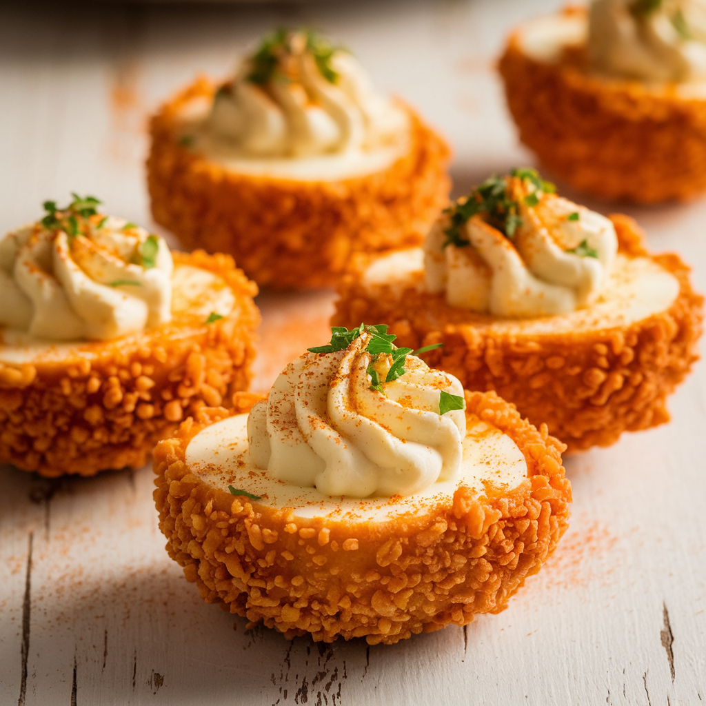 Close-up of deep fried deviled eggs with golden crust and creamy filling, garnished with paprika and parsley