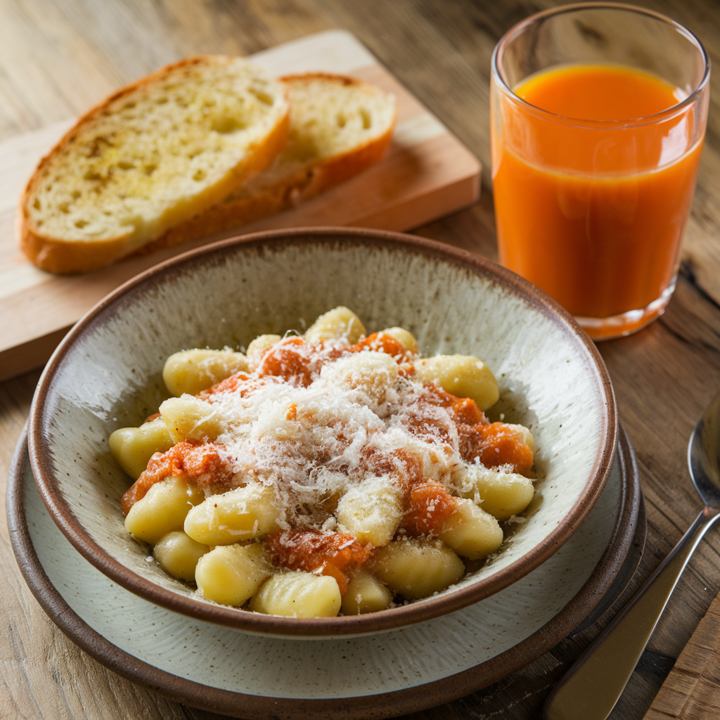 A plated dish of gnocchi garnished with parmesan and basil, served alongside garlic bread and a glass of carrot juice