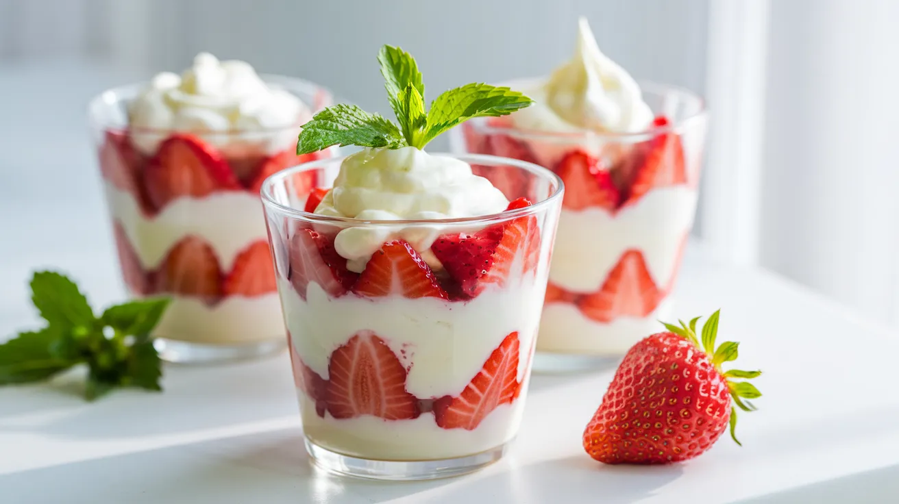 a dessert featuring strawberries and cream served in transparent glass cups.