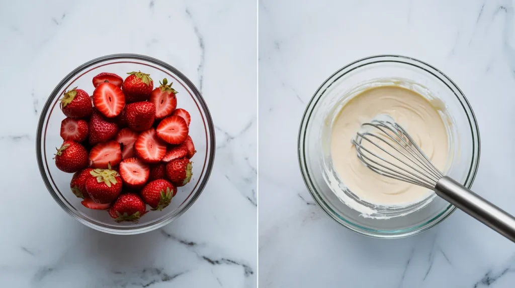 the preparation of a dessert made with strawberries and cream