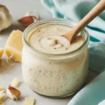 a jar filled with creamy garlic parmesan sauce