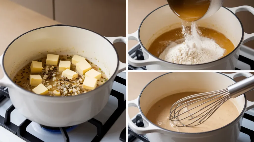 a step-by-step cooking process inside a white pot on a stovetop